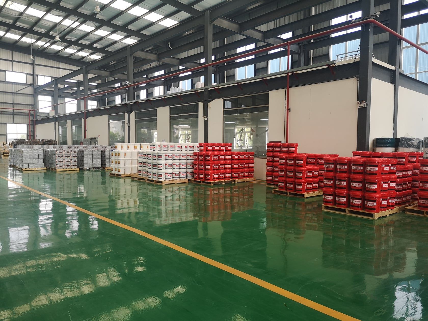 Palletized lubricant pails packed and ready for container export